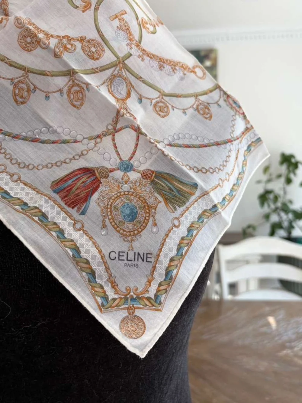 Celine White Cotton Scarf Scarves Pocket Square 18” x 18” Hand Rolled